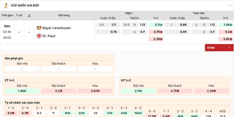 Soi Kèo Bayer Leverkusen vs St Pauli 2h45 4/2 - Bundesliga 4 Soi kèo về trận Bayer Leverkusen vs St. Pauli từ chuyên gia hàng đầu